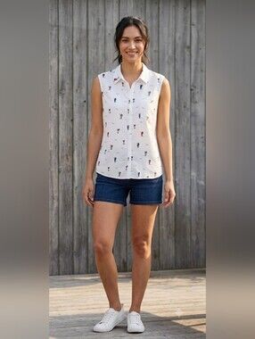Marie Claire Cocktail Print Semi-Sheer Sleeveless Button-Down Blouse Size L